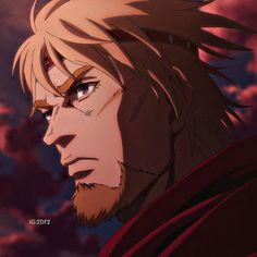 an anime character with blonde hair and red eyes looking to his left in front of clouds