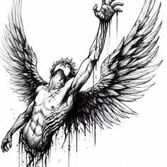 a drawing of a man with wings on his body and hands up in the air