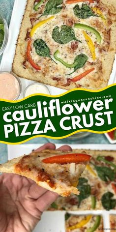 a person holding a slice of pizza in front of a box with the words cauliflower pizza crust on it