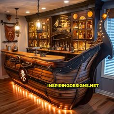 a pirate ship shaped bar in the corner of a room