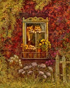 a painting of flowers and cats in a window sill by a fence with autumn foliage