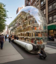 people are walking on the sidewalk next to a large book case in the shape of a boat