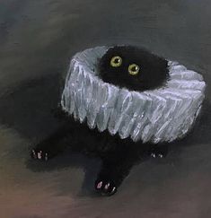 a painting of a black and white cat with yellow eyes in a bowl on the ground