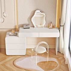 a white dressing table with a mirror, stool and chair in front of it on top of a hard wood floor