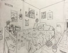 a drawing of a bedroom with pictures on the wall