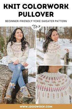 a woman sitting on top of a tree trunk wearing a sweater