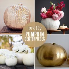 there are many pumpkins and flowers in this collage with the words pretty pumpkin centerpieces