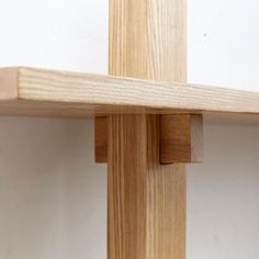 a close up of a wooden shelf with two pieces of wood sticking out of it