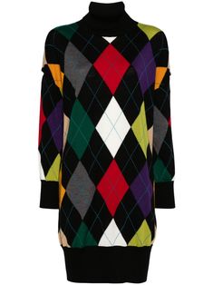 black/multicolour virgin wool argyle intarsia knit roll neck drop shoulder long sleeves ribbed cuffs and hem mid-length Midi Dress Black, City Dress, Pattern Sweater, Casual Winter Outfits, Roll Neck, Heel Boots, Black Midi Dress, Knitwear Women, Blue Sweaters