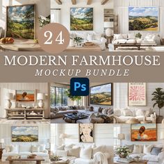 the modern farmhouse house mockup bundle includes furniture, paintings, and other decor items