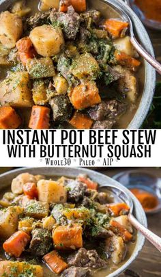 two pictures with different types of stew in them and the words instant pot beef stew with butternuts squash