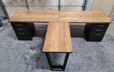 an office desk made out of wood and metal with a bench on the bottom side