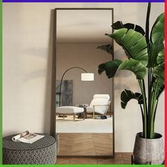 a large mirror sitting on top of a wooden floor next to a potted plant