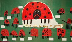 a bulletin board with red and black ladybugs on it