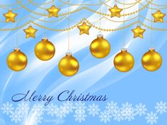 a christmas card with gold baubles and snowflakes on a blue background