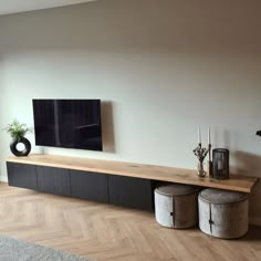 a living room filled with furniture and a flat screen tv mounted on the wall above it