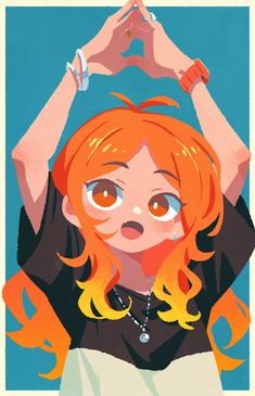 a woman with orange hair holding her hands above her head