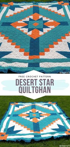 a crocheted blanket is shown on the grass with text overlay that reads free crochet pattern desert star quilt afghan