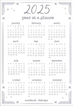 a calendar with the year at a glance written in blue ink on a white background