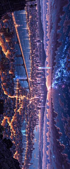 the city lights shine brightly in the night sky over water and land, as seen from an airplane