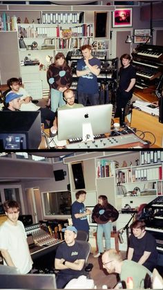 two pictures of people in a recording studio