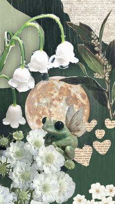 a collage of flowers and a frog in front of a full moon with words written on it