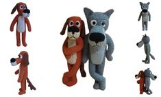 crocheted stuffed animals are shown in various poses and sizes, including one dog