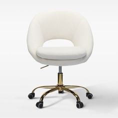 an office chair with wheels and a white upholstered seat, viewed from the front