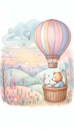 there is a bear and bunny in a hot air balloon