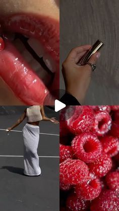 a woman holding a cell phone to her mouth while standing next to raspberries