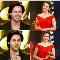 four pictures of the same man and woman in red dresses, one holding a microphone