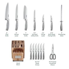 the different types of knifes are shown in this image, including knives and sharpener