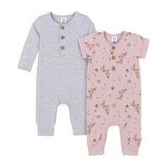 Perfect for comfy and cute everyday wear, this baby girls' 2-piece set from Gerber is a must-have for her wardrobe. Made from ribbed stretch-cotton in a charming combo of solid and floral designs, it includes two jumpsuits with henley button-fronts and snap closures at the bottom for easy diaper changes. Plus, it comes with a short sleeve and long sleeve option for year-round wear. # Pieces In Set: 2Features: Multi-PackClosure Type: SnapNeckline: Round NeckSleeve Length: Long SleeveFiber Content Leg Snaps, Gerber Baby, Toddler Romper, Baby Jumpsuit, Pink Jumpsuit, Short Sleeve Romper, Mauve Pink, Neutral Baby, Long Sleeve Romper