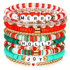 10 Pcs 10-Piece Christmas Holiday Stretch Bracelet Set: Festive Polymer Clay Heishi Bracelets With Merry Messages And Bead Charms Clay Bracelets, Christmas Fits, Holiday Bracelets, Preppy Christmas, Bracelets Patterns