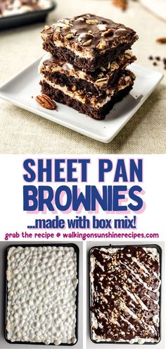 chocolate brownies are stacked on top of each other and the words sheet pan brownies made with box mix