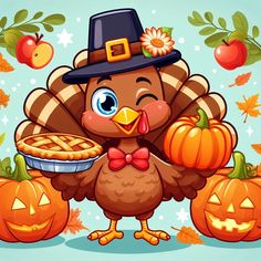 a turkey wearing a pilgrim hat and holding a pie in front of some pumpkins