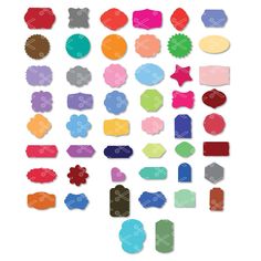 an assortment of cut out paper shapes with different colors and sizes, including one for each shape