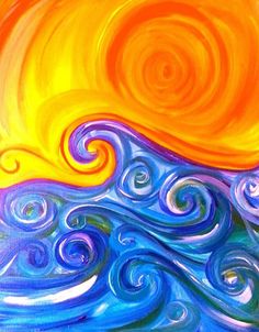 an abstract painting with blue, yellow and orange waves in the ocean on a sunny day