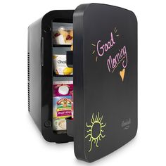 a mini fridge with the door open and food in it that says good morning inside