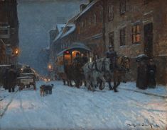 a painting of people riding horses and carriages in the snow on a city street at night