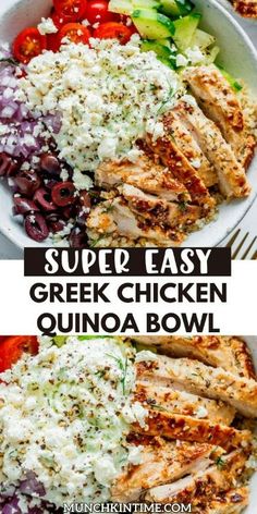 greek chicken quinoa bowl with olives, cucumber and feta cheese