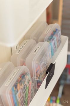 Don't miss these playroom storage ideas (with toy closet!) -- from the Elfa playroom closet to the organization ideas within the playroom! Arts And Crafts Wall Storage, Play Closet Organization, Playroom Art Supply Storage, Kids Toy Closet Organization, Kids Art Supplies Organization, Toy Cabinet Organization, Coloring Storage Ideas For Kids, Pencil Box Organization, Kids Craft Closet Organization