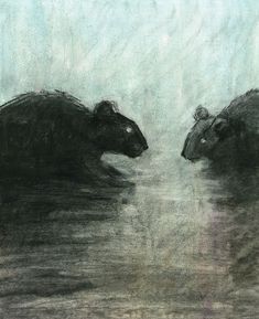 two black mice are in the water and one is looking at another animal's head