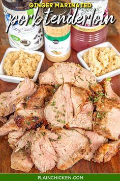 pork tenderizer recipe on a cutting board with ingredients in the background and text overlay that reads, ginger marinated pork tenderizer