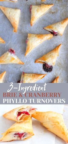 Phyllo turnovers stuffed with Brie and cranberry, on a baking sheet. Phyllo Brie Cranberry, Phyllo Turnovers, Phyllo Appetizers, Philo Dough, Smartpoints Recipes, Phyllo Dough Recipes, Phyllo Recipes, Brie Cranberry, Cheesy Appetizer