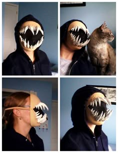 four pictures of a person wearing a mask with an animal's teeth on it