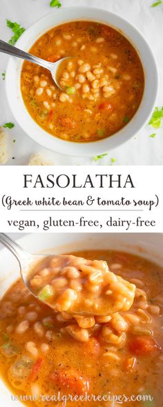 two pictures showing different types of soups in white bowls, one with pasta and the other