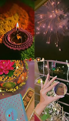 a collage of pictures with candles and flowers