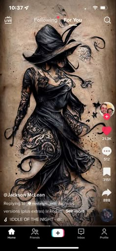 an image of a woman with tattoos on her body and in a black dress, holding a