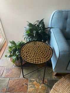 a blue chair sitting next to a table with some plants on it